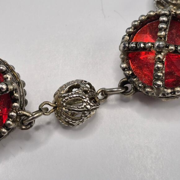 Vintage Medieval Victorian Style Bracelet Silver-tone and Red Stone Toggle Close - Picture 11 of 16